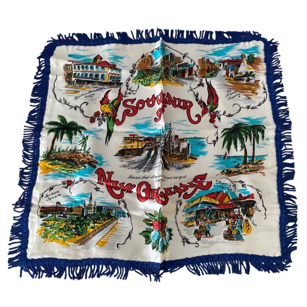 Vtg New Orleans Souvenir Pillow Sham Blue Fringe Cemetery Jackson Sq French Qt